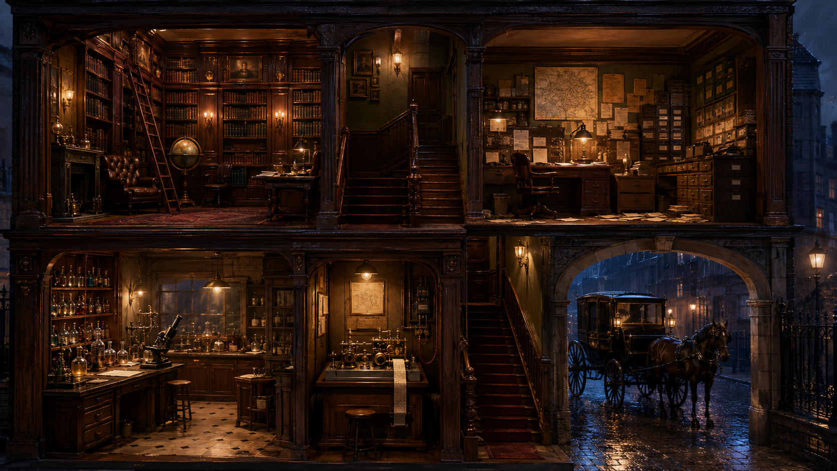 Casa vitoriana em corte, com biblioteca, arquivo de documentos, laboratório, telégrafo e carruagem